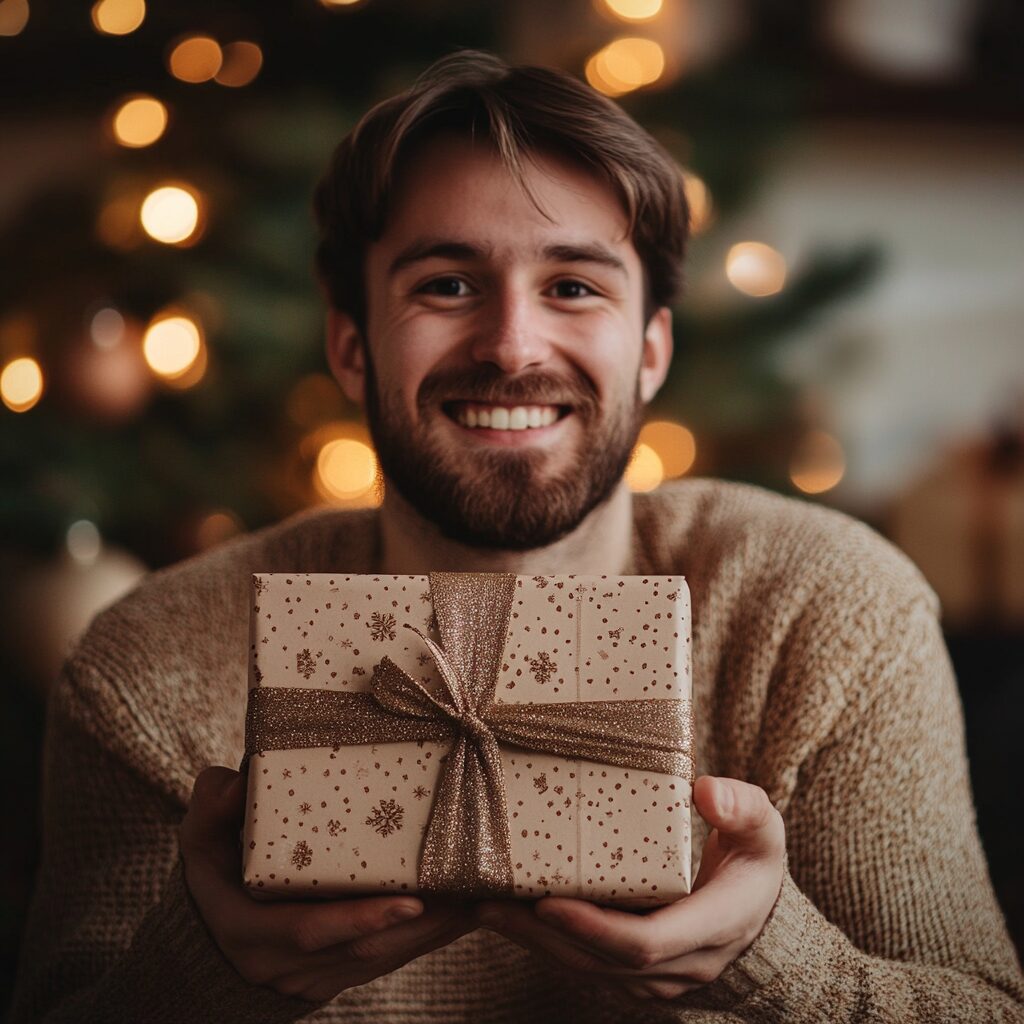 homme heureux sourire cadeau