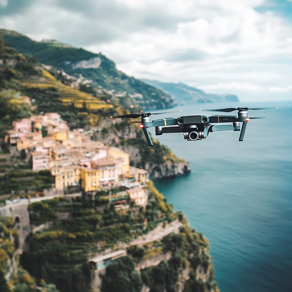 drone volant dans une destination cotiere